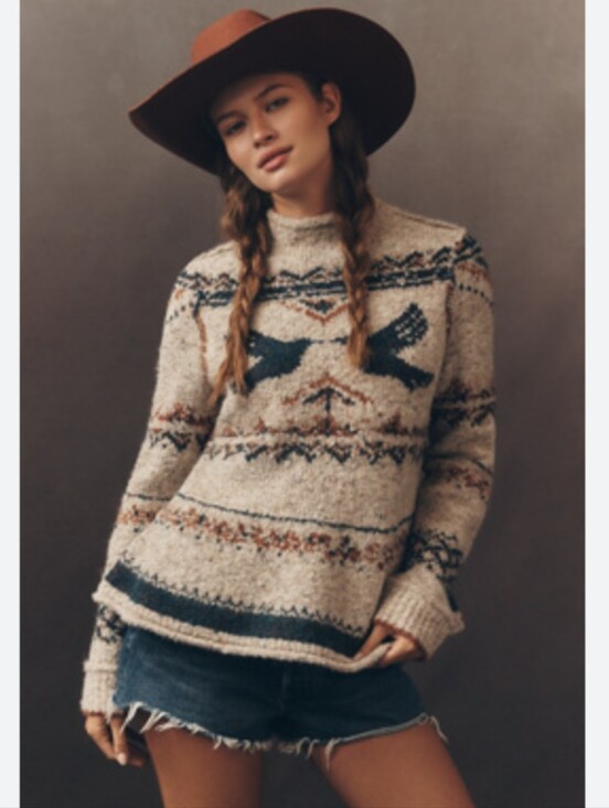 Pilcro Sweaters - Pilcro Sweater Bird Mock Neck Beige With Navy Trim